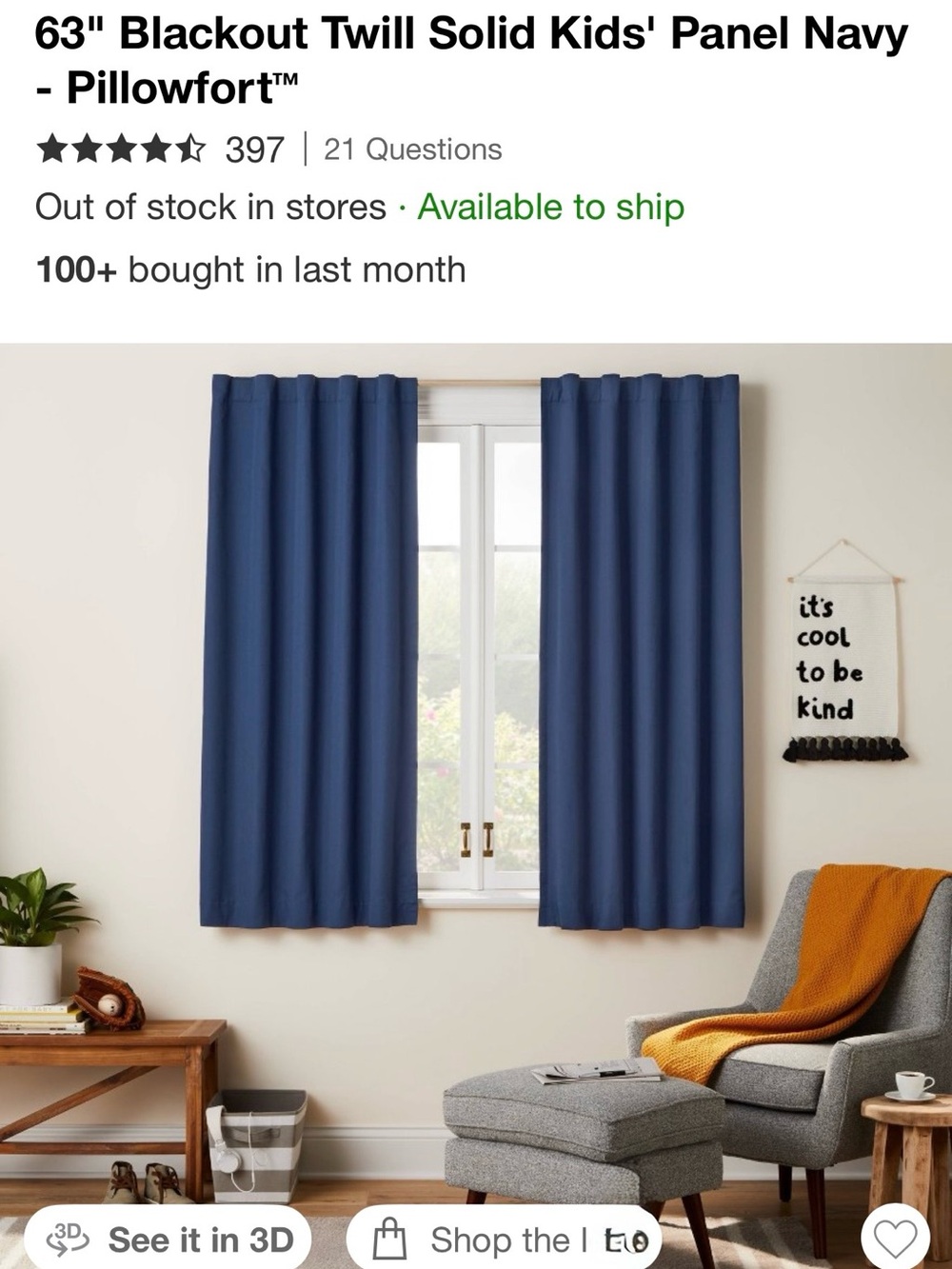 Set of 63" Blackout Twill Solid Kids' Panel Navy
- Pillowfort™ Total 2 panels